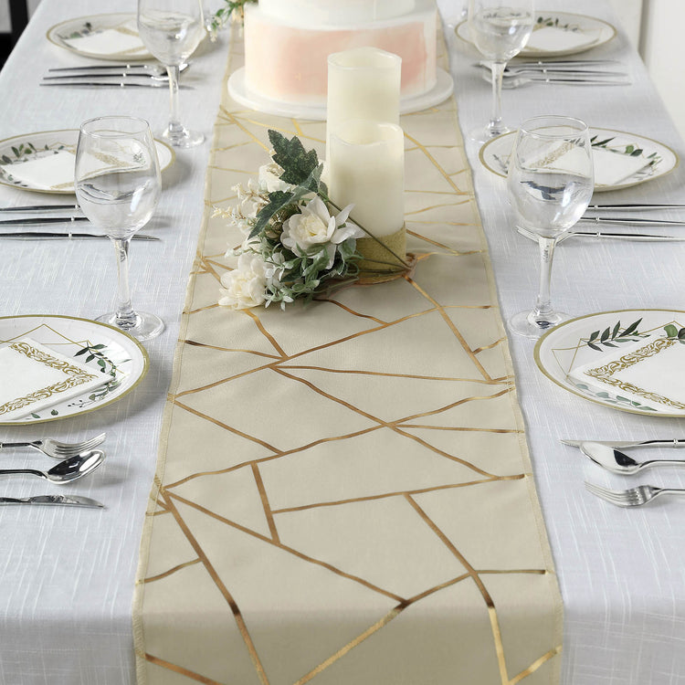 9 Feet Beige Table Runner With Gold Foil Geometric Pattern