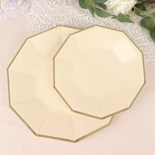 25 Pack 7 Inch Beige Paper Plates with Gold Foil Rim Geometric Decagon Design