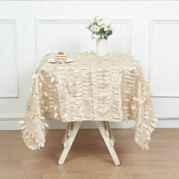 Beige 3D Leaf Petal Taffeta Fabric Seamless Square Tablecloth 54'' - Natural Elegance for Your Tables