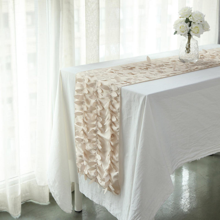 Beige Taffeta Fabric Table Runner With 3D Leaf Petal Design -12 Inch X 108 Inch 