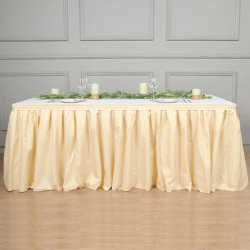 Beige Pleated Polyester Table Skirt, Banquet Folding Table Skirt 14ft