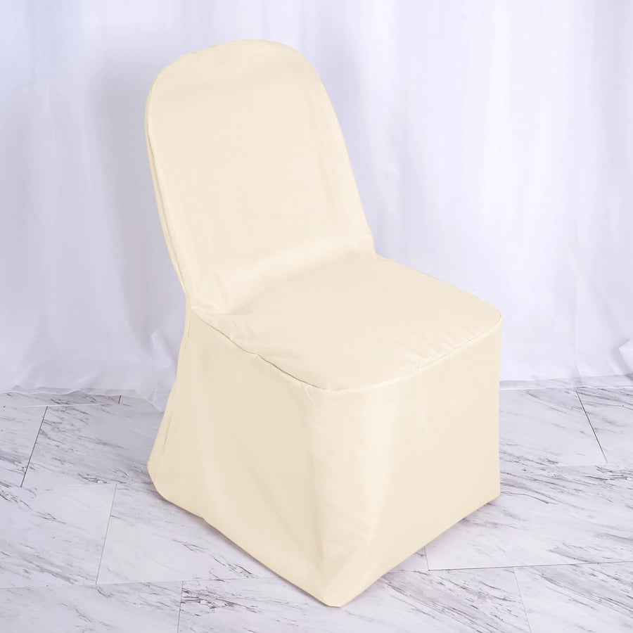 Beige Polyester Banquet Chair Cover, Reusable Stain Resistant Chair Cover