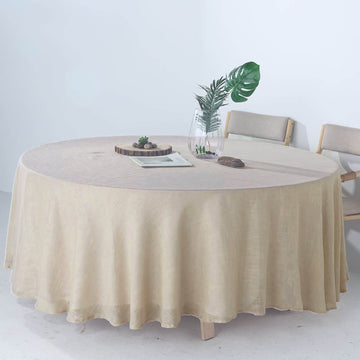 108" Beige Seamless Linen Round Tablecloth, Slubby Textured Wrinkle Resistant Tablecloth