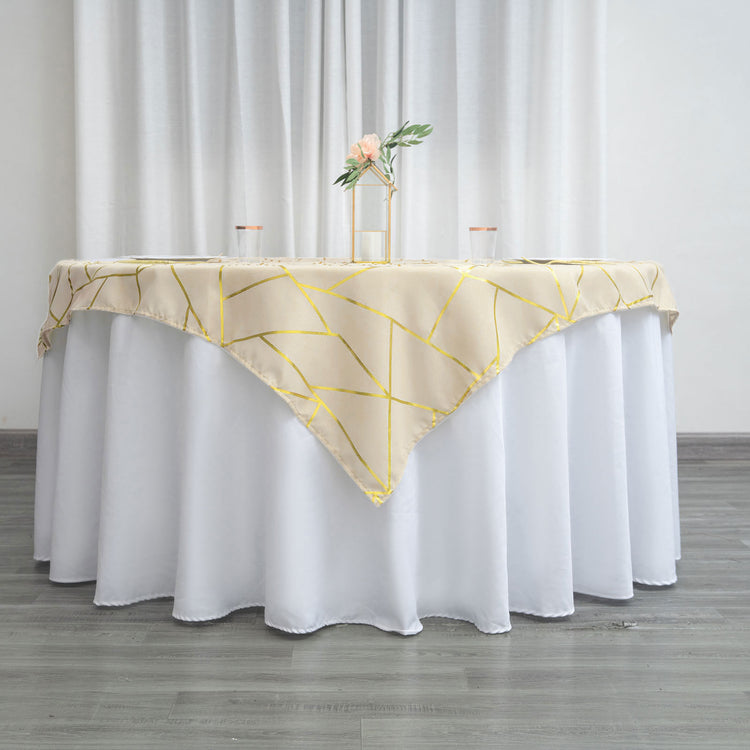 Beige 54 Inch x 54 Inch Polyester Square Table Overlay With Gold Foil Geometric Pattern