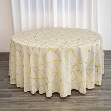 120 Inch Beige Round Polyester Tablecloth With Gold Foil Geometric Pattern