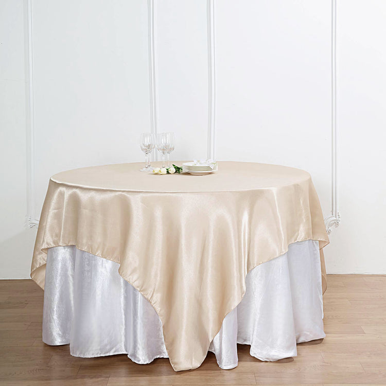 Beige Seamless Square Satin Table Overlay 90 Inch