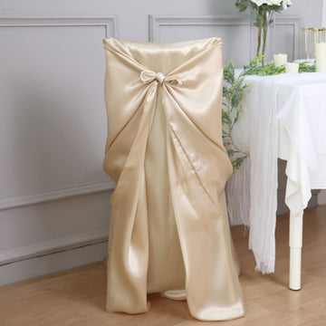 Beige Satin Self-Tie Universal Chair Cover, Folding, Dining, Banquet and Standard Size Chair Cover