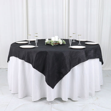 Black Accordion Crinkle Taffeta Table Overlay, Square Tablecloth Topper 72"x72"