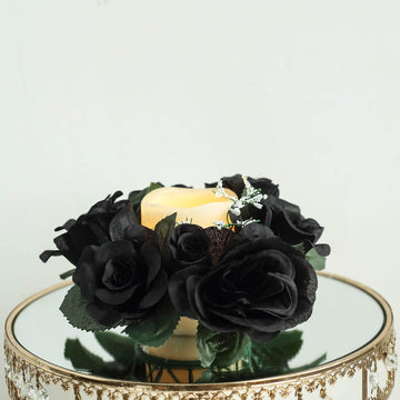 4 Pack | 3" Black Artificial Silk Rose Flower Candle Ring Wreaths