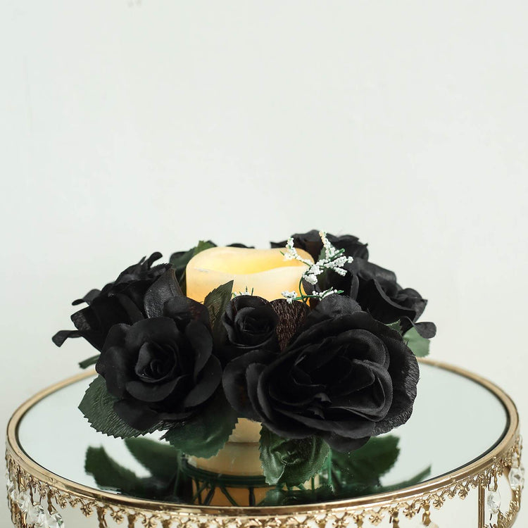 Pack Of 4 Black Artificial Silk Rose 3 Inch Flower Candle Ring Wreath