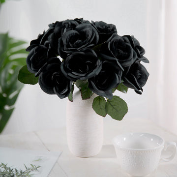 Black Artificial Velvet-Like Fabric Rose Flower Bouquet Bush 12"