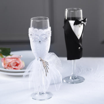 Set of 2 Black Bride Groom Koozie Clear Champagne Glasses, Wedding Toast Flutes 9"