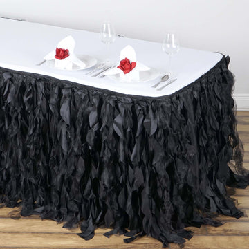 14ft Black Curly Willow Taffeta Table Skirt
