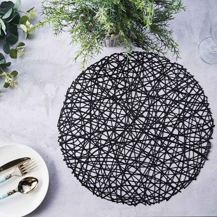 6 Pack of 15 Inch Black Decorative Woven Vinyl Non Slip Round Table Mats