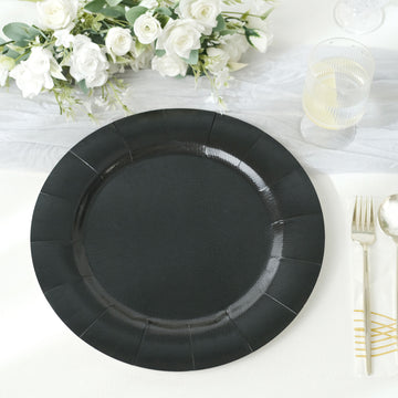 10 Pack Black Disposable Charger Plates, Cardboard Serving Tray, Round with Leathery Texture 1100 GSM 13"