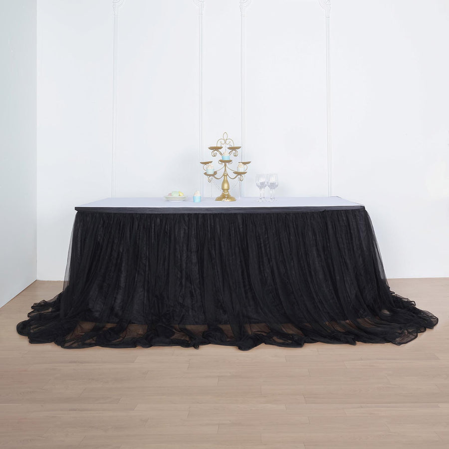 14 Feet Black Two Layered Table Skirt With 30 Inch Satin Lining And 48 Inch Extra Long Tulle