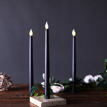 Set of 3 Black Flickering Flameless LED Taper Candles, Battery Operated Reusable Candles 11"