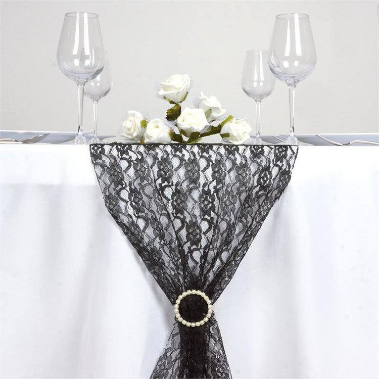 12 Inch x 108 Inch Floral Black Lace Table Runner