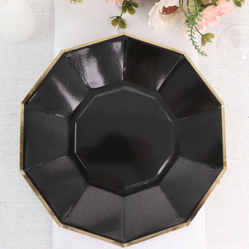 25 Pack Black Geometric Dinner Paper Plates, Disposable Plates Decagon Shaped With Gold Foil Rim 9"