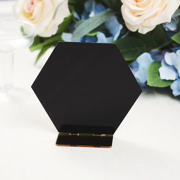 5 Pack Black / Gold Acrylic Hexagon Wedding Table Sign Holders, Number Stands 5"