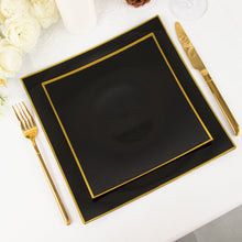 10 Pack 8 Inch Black Gold Heavy Duty Plastic Concave Square Dessert Plates