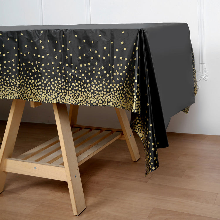 Black & Gold Confetti Dots Disposable Rectangle 54 Inch x 108 Inch 10 Mil Thick PVC Tablecloth