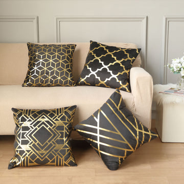 Set Of 4 | 18" Black/Gold Foil Geometric Print Throw Pillow Covers, Velvet Square Sofa Cushion Covers
