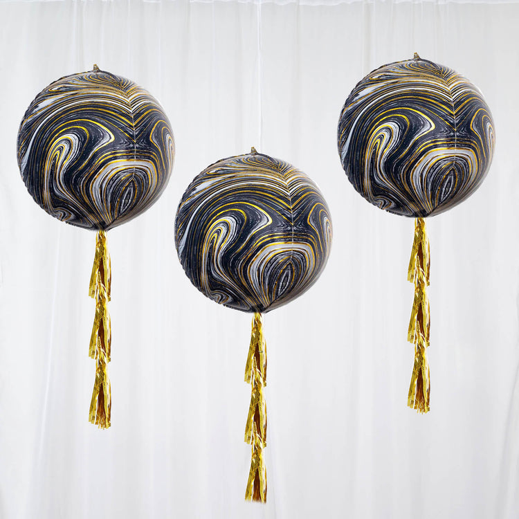 3 Pack Of 13 Inch 4D Black And Gold Marble Sphere Balloons
