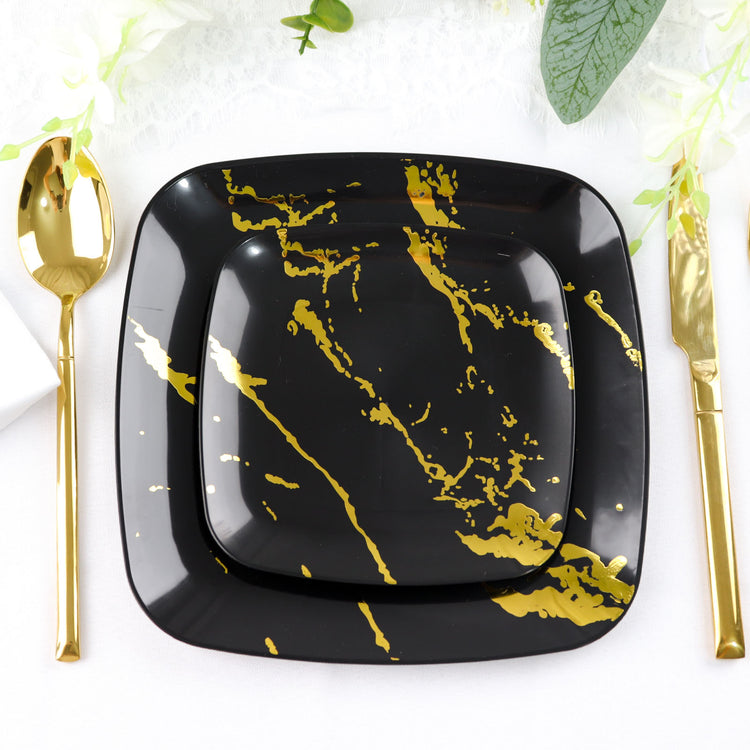 Pack of 10 Disposable Black & Gold Marble Square Plastic Party Plates 6 Inch