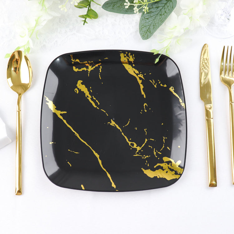 Pack of 10 Disposable Black & Gold Marble Square Plastic Party Plates 8 Inch
