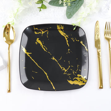 Elegant Black and Gold Marble Square Plastic Dessert Plates
