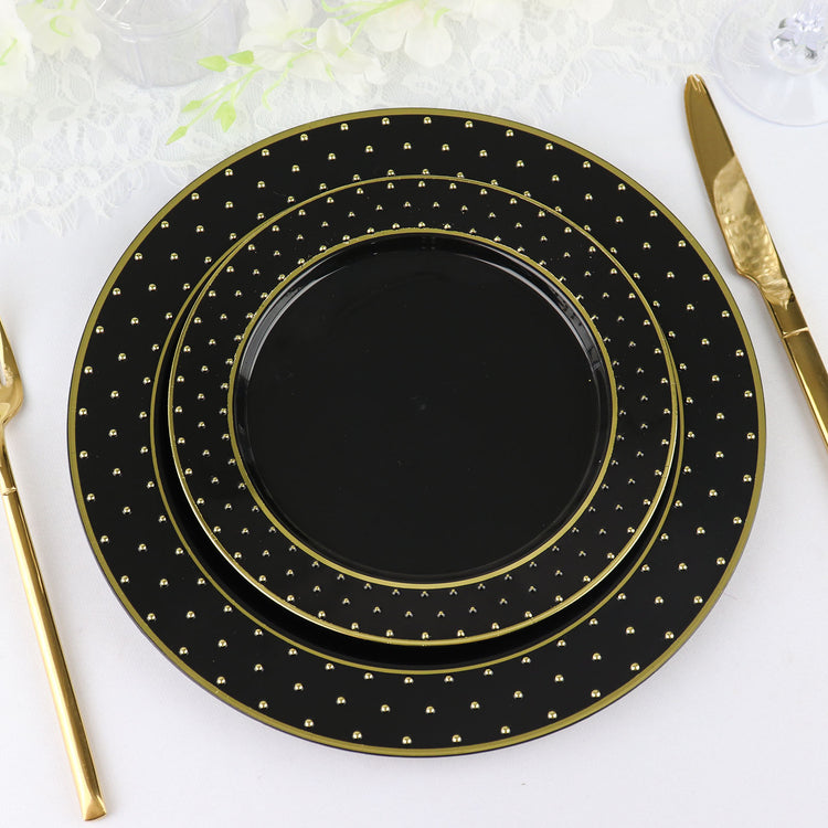 7.5 Inch Black And Gold Plastic Appetizer Plates With 3D Dotted Rim 10 Pack