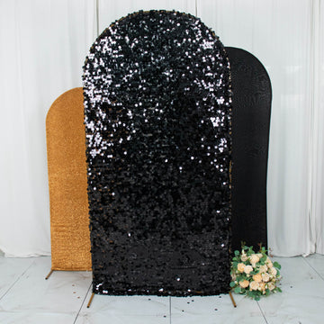 Set of 3 Black / Gold Round Top Fitted Backdrop Stand Covers, Big Payette Sequin, Shimmer Tinsel and Matte Spandex Wedding Arch Frame Covers