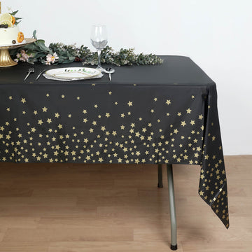 Black Gold Stars Sprinkled Plastic Tablecloth, Waterproof Rectangle Disposable Table Cover 54"x108"