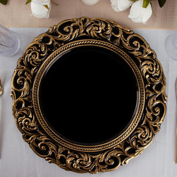 6 Pack Black / Gold Vintage Plastic Serving Plates With Engraved Baroque Rim, Round Disposable Charger Plates 14"