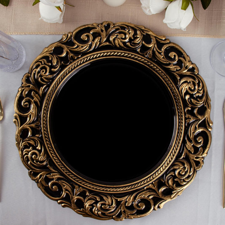 14 Inch Black Gold Engraved Baroque Rim Charger Plates Made In Plastic Material
