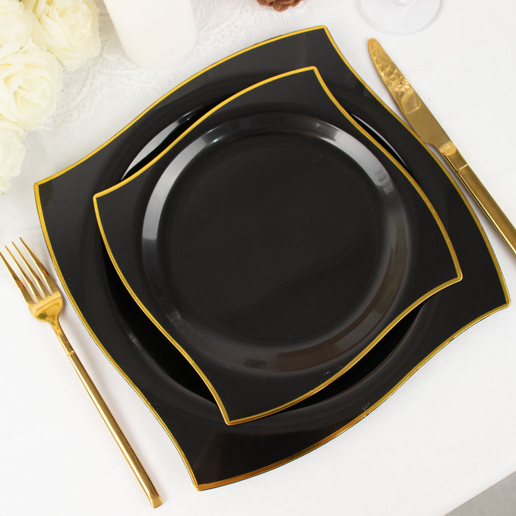 10 Pack 8 Inch Size Black Gold Wavy Rim Heavy Duty Plastic Square Dessert Plates