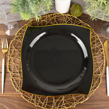 10 Pack Black / Gold Wavy Rim Modern Square Plastic Dinner Plates, Disposable Party Plates 10"