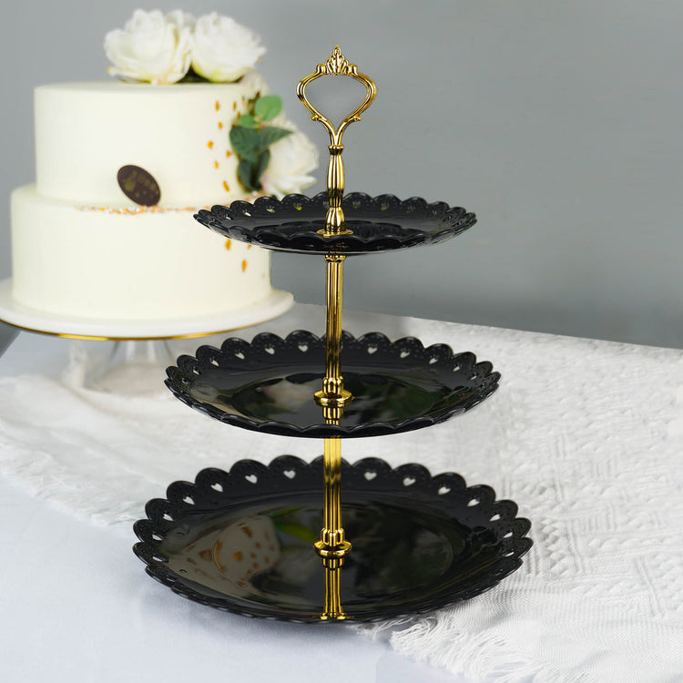 13 Inch 3 Tier Gold Black Wavy Round Edge Cupcake Stand Dessert Holder