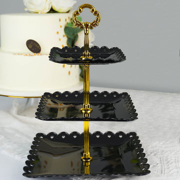 13" 3-Tier Black Gold Wavy Square Edge Cupcake Stand, Dessert Holder, Plastic With Top Handle