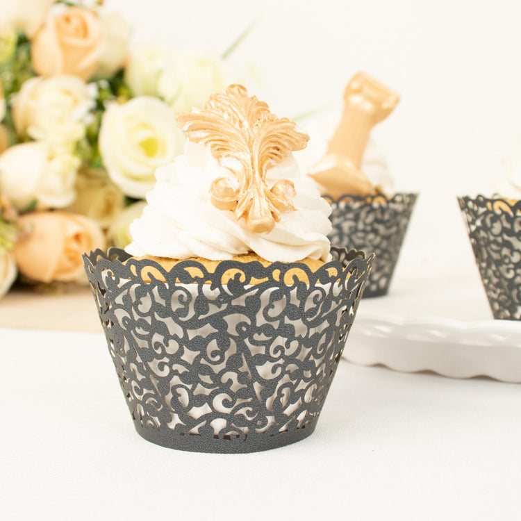 25 Pack of Black Lace Laser Cut Paper Cupcake Wrappers and Muffin Baking Cup Trays