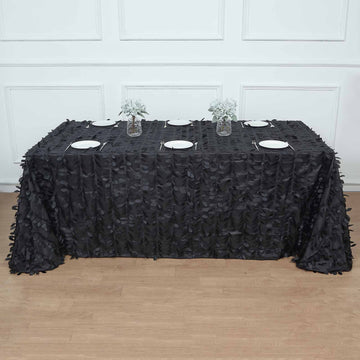 90"x132" Black 3D Leaf Petal Taffeta Fabric Seamless Rectangle Tablecloth