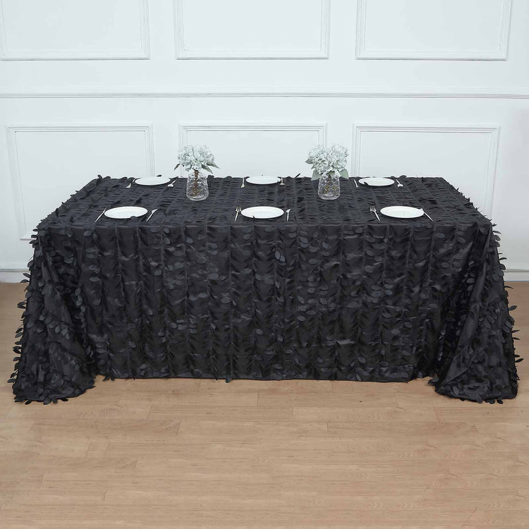 Black Taffeta Rectangle Tablecloth 3D Leaf Petals - 90 Inch x 132 Inch 