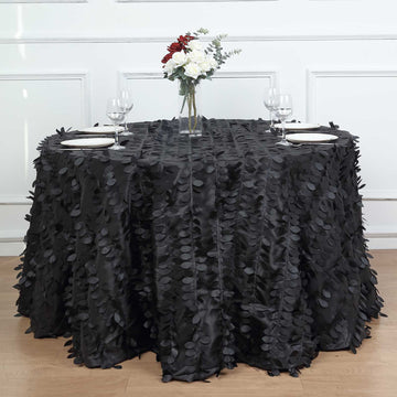 120" Black Leaf Petal Taffeta Seamless Round Tablecloth