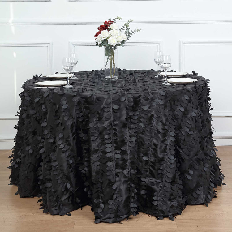 120 Inch Black Taffeta Round Tablecloth With Leaf Petal Design