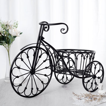 22" Black Metal Tricycle Planter Basket, Decorative Plant Stand For Indoor/Outdoor