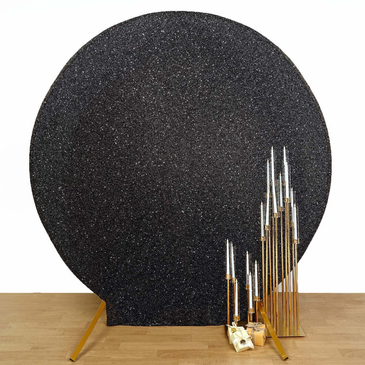 7.5ft Black Metallic Shimmer Tinsel Spandex Round Backdrop, 2-Sided Wedding Arch Cover