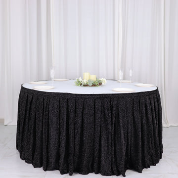 Elevate Your Event Decor with the Black Metallic Shimmer Tinsel Spandex Pleated Table Skirt