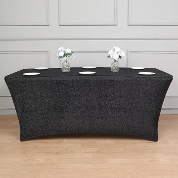 Add Sparkle and Glamour to Your Event with the Black Metallic Shimmer Tinsel Spandex Table Cover