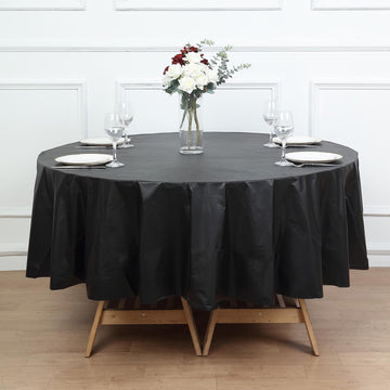 Black Waterproof Plastic Tablecloth, PVC Round Disposable Table Cover 84"